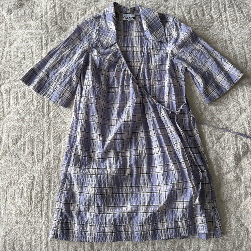 ganni seersucker purple check wrap dress